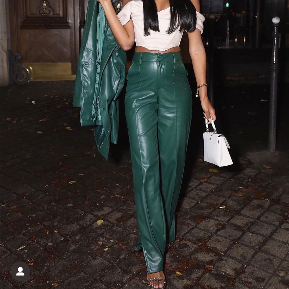 Bottle green faux leather straight pants